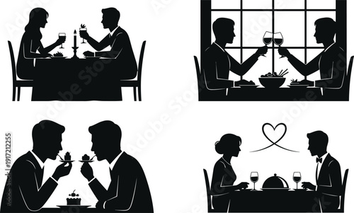 Romantic Couple Dining Silhouette Set Featuring Candlelight Dinner Wine Toasting and Eating Dessert for Valentine Day Anniversary Celebration and Luxury Restaurant Dating Concept Illustration