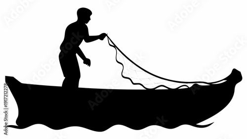 Fisherman casting net from boat on wavy water