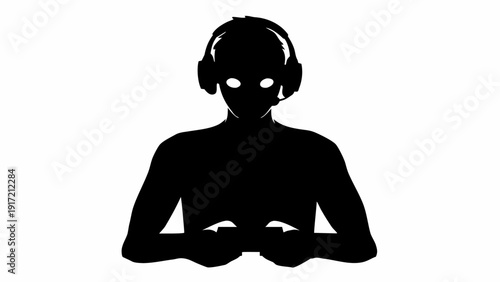Silhouette of person wearing headphones and working on computer