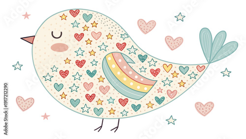 Cute bird with hearts and stars in pastel colors for Valentine's Day