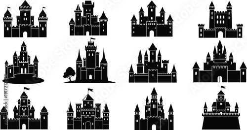 Collection of Medieval Castle Silhouettes, Set of Icons Featuring Fortress Towers, Royal Palaces, and Fairy Tale Kingdom Architecture for Fantasy Designs
