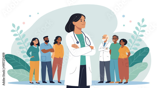 Diverse group of people led by a confident female doctor standing together