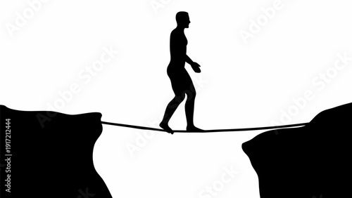 Person balancing on tightrope between two cliffs in a precarious balancing act