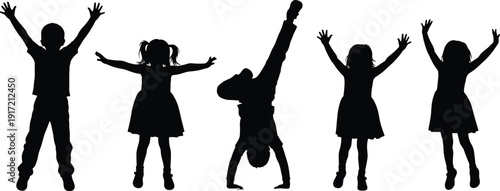 Vector Silhouettes of Happy Children Playing, Set of Icons Featuring Kids Jumping, Doing Handstands, and Celebrating for Youth and Education