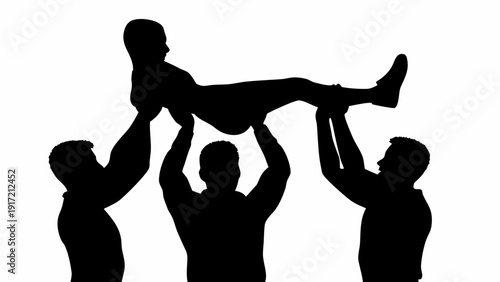 Team celebrating success with triumphant lift