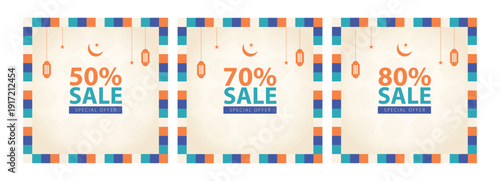 Ramadan Sale Promotional Templates With 50%, 70% and 80% Discounts and Crescent Lantern Design