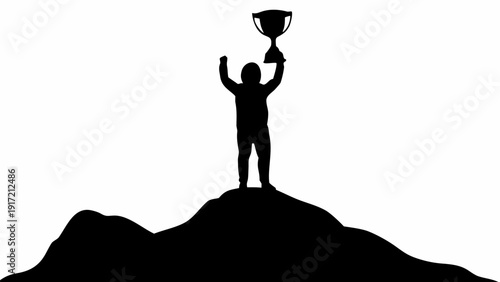 Man celebrating victory on mountain top with trophy