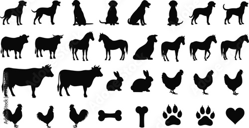 Vector Silhouettes of Farm Animals and Pets Featuring Dogs, Horses, Cows, Chickens, Rabbits, and Paw Prints for Agriculture and Veterinary Branding
