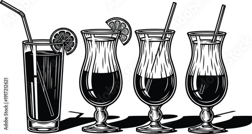 Set of Four Tropical Cocktail Glass Silhouettes with Straws and Citrus Slices Vector Illustration Isolated on White Background for Bar Menu and Summer Party
