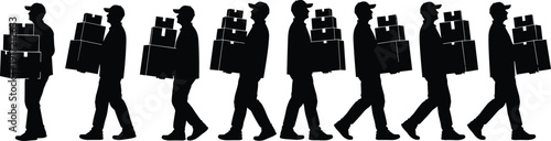 Vector Silhouettes of Delivery Men Carrying Stacks of Boxes, Set of Icons Representing Logistics, Shipping, Moving Service, Courier, and E-commerce