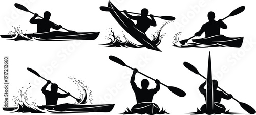 Vector Silhouettes of Kayakers Paddling through Water, Set of Icons Featuring Kayaking Sports, Outdoor Adventure, Water Activities, and Extreme Athletics