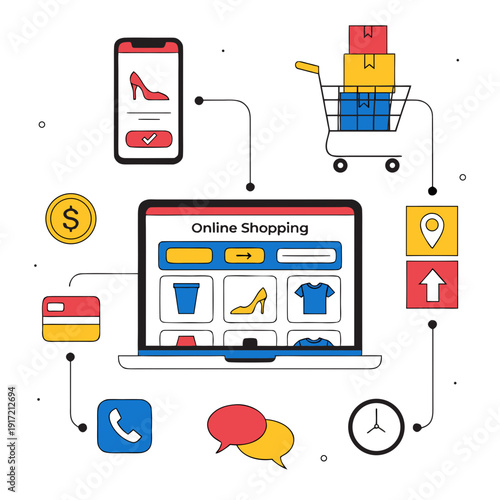 Online shopping platform workflow and e-commerce business process illustration