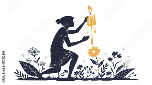 Woman holding melting candle in a serene floral garden setting