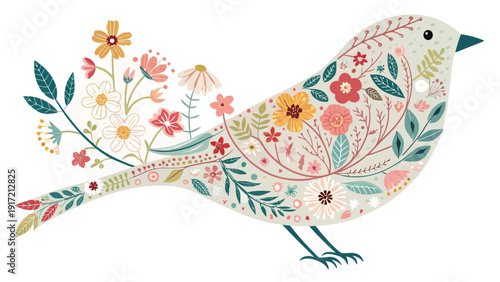 Vibrant bird illustration with colorful flowers and leaves