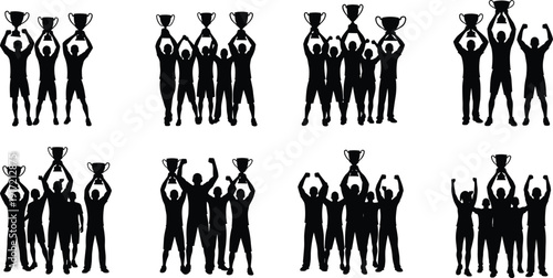 Successful Sports Team Silhouette Set Featuring Athletes Holding Championship Trophies and Celebrating Victory for Competitive Achievement Winning Spirit and Teamwork Success Concept Illustration