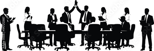 Successful Business Professional Team Celebrating Achievement with High Five and Applause During Corporate Meeting in Modern Office Boardroom Silhouette Illustration on White Background
