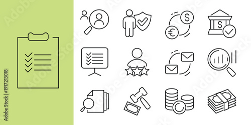 Set of financial and business icons, including clipboard, checklist, user profile, shield, money exchange, bank, review stars, email, analytics, search, document stack, gavel, coins, and cash
