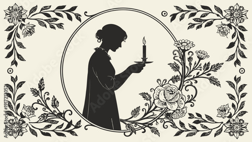 Elegant woman holding candle in vintage floral design