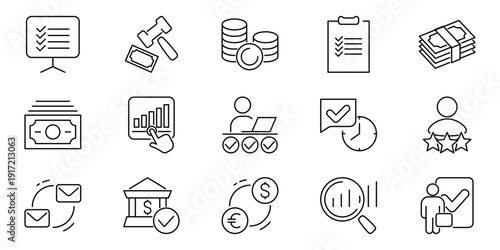 Business and Financial Outline Icons Collection Management, Banking, Data, Success, Communication Symbols