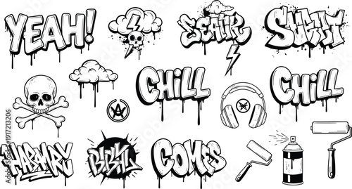 Urban Graffiti Sticker Set with Chill Text Drip Effects Skull and Crossbones Spray Can Paint Roller Headphones and Lightning Bolts Vector Illustration for Streetwear