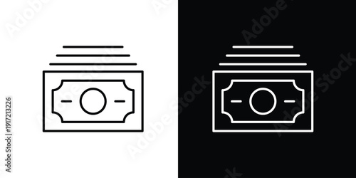 Two simplified line art icons representing a stack of money on white and black backgrounds