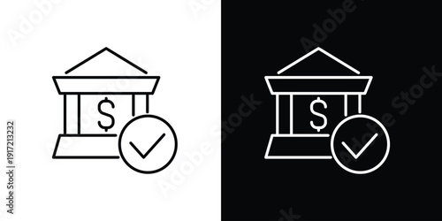Bank building with a check mark icon, symbolizing financial security and approved transactions