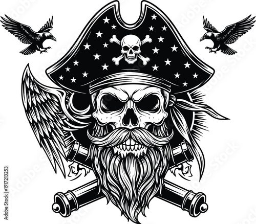 Vintage Pirate Captain Skull Silhouette with Beard Wearing Tricorne Hat and Crossed Cannons with Ravens and Wings Vector Illustration for T-shirt Design and Graphic