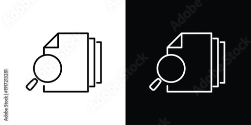Single icon of magnifying glass hovering over a stack of documents, symbolizing search and analysis
