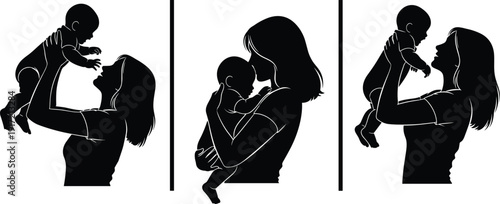 Silhouette of Mother Lifting and Hugging Baby, Set of Three Vector Icons Representing Motherhood, Maternal Love, Parenting, and Childhood Growth