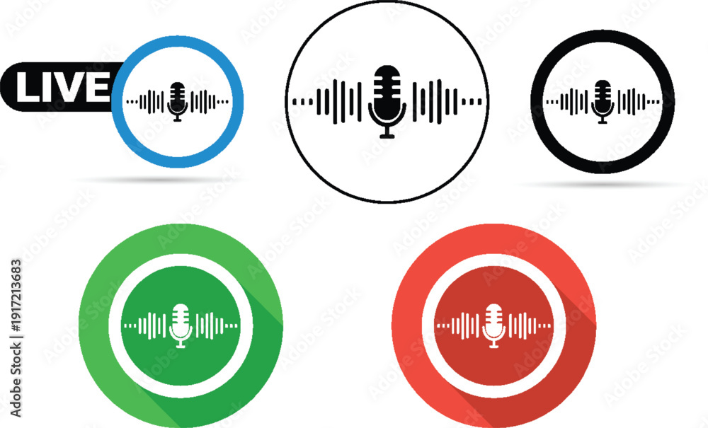 Obraz premium Live Microphone Icon Set With Soundwave Buttons for Podcast, Broadcast and Audio Recording