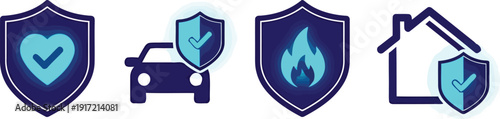 Shield icons representing various insurance coverage like health auto fire and home protection safety security concepts vector