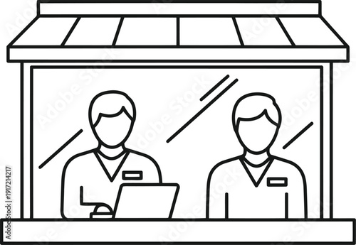 Modern retail storefront with employees and laptop small business service counter customer service icon vector vector