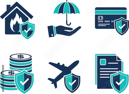 Financial security protection icons house travel credit card money insurance policy shield icons set vector