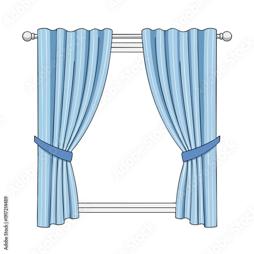 Blue curtains tied back on a window