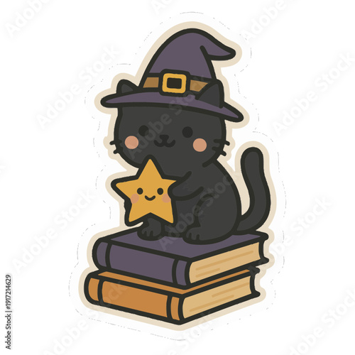 Witchy Cat Sitting on Stack of Books Sticker Style | Cute Cartoon Magical Cat on Books Illustration | Adorable Kawaii Witch Cat Reading Sticker | Whimsical Black Cat with Spell Books Digital Art 