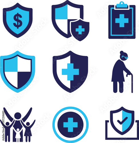 Health insurance security symbols protect families seniors medical care protection shield icons vector vector