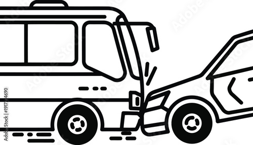 Bus versus car collision scene line art icon illustration representing traffic accident insurance claim vector