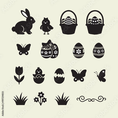 Easter flat vector illustration set featuring bunny rabbit, decorated eggs, spring flowers, basket of eggs, chicks, church silhouette, and Easter decorations. Minimal modern design with clean flat sty