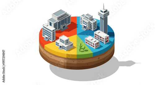 Isometric Cityscape on a Circular Segmented Base Representing Urban Planning.