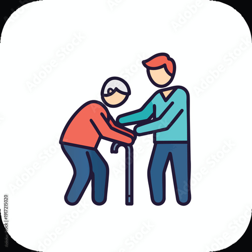 Young adult assisting elderly person with cane