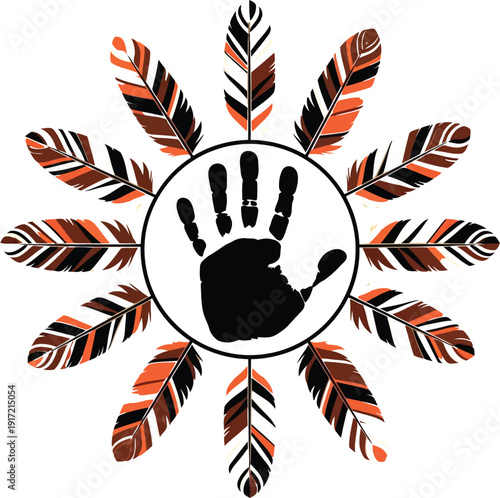 Native american handprint circle with decorative feathers native culture symbolism art design vector