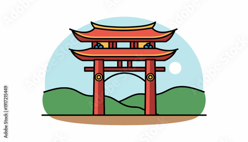 Japanese Red Torii Gate Flat Vector Illustration