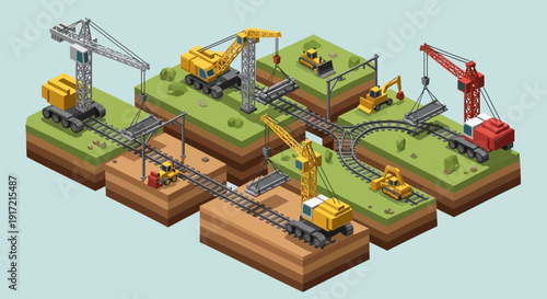 Isometric Construction Site with Cranes, Excavators, and Railway Tracks.