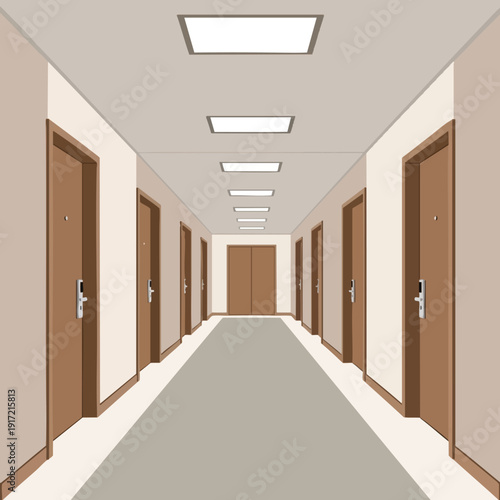 Long Office Corridor with Multiple Doors