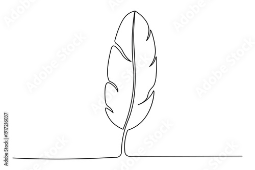 A single line art illustration of a bird feather on a white background. Clean, modern, and professional aesthetic suitable for creative design projects.