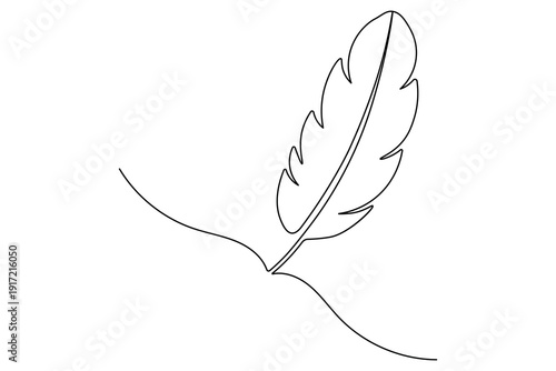 A single line art illustration of a bird feather on a white background. Clean, modern, and professional aesthetic suitable for creative design projects.
