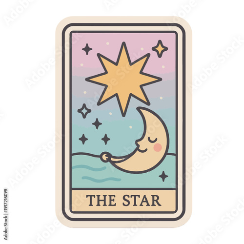 Tarot Card “The Star” Soft Pastel Colors Sticker Illustration | Cute Pastel “The Star” Tarot Card Digital Art | Whimsical Kawaii Tarot Card Illustration | Soft Color “The Star” Mystical Sticker 