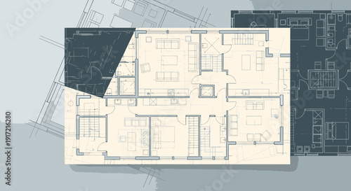 Detailed architectural floor plan with blueprint designs and schematics via ImageFX