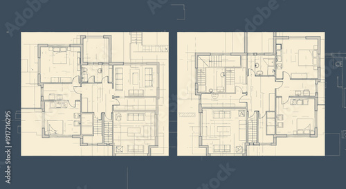 Blueprints of two identical floor plans displayed side by side on a dark background via imagefx