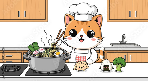 cartoon cat cooking in kitchen with pot and ingredients